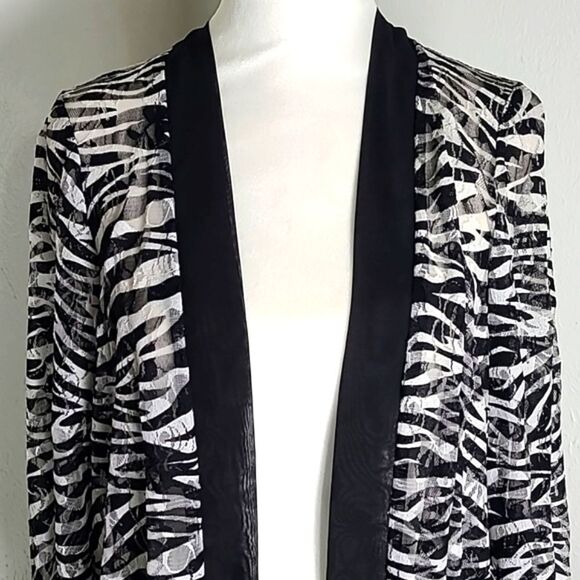 Slinky Brand Black & White Cardigan Sheer Top, Criss-Cross Cut-outs, Sz Small - Picture 3 of 9